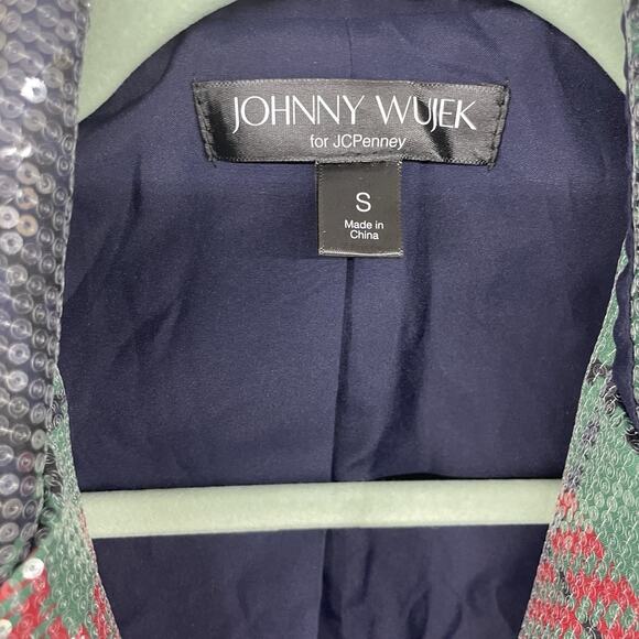 Johnny Wujek Size S Sequin Plaid Holiday Single Breasted Blazer One Button Red - Picture 10 of 11